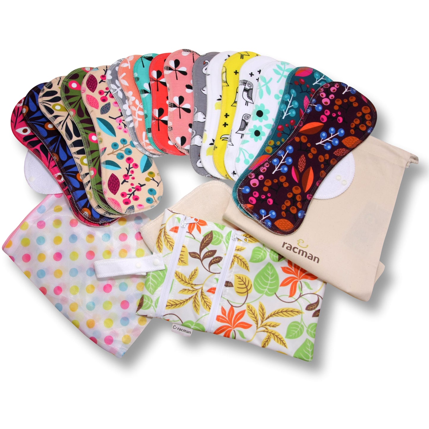 Racman Reusable Cloth Menstrual Pads for Period with Wings; Washable Sanitary Towels for Women, Girls and Teens, Organic Cotton or Bamboo Feminine Liners MADE IN EU; for light and heavy flow, incontinence; also proudly manufactured under other trusted brand names like Natissy