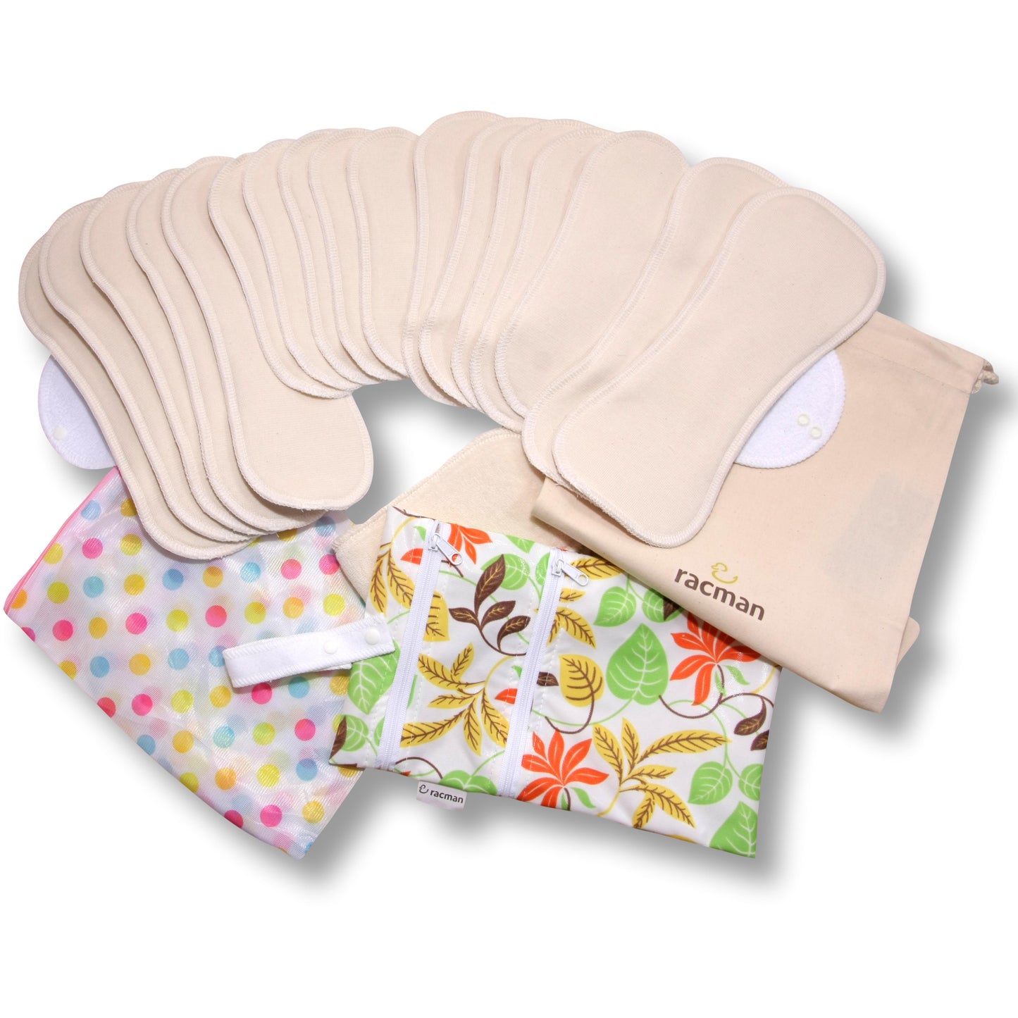 Racman Reusable Cloth Menstrual Pads for Period with Wings; Washable Sanitary Towels for Women, Girls and Teens, Organic Cotton or Bamboo Feminine Liners MADE IN EU; for light and heavy flow, incontinence; also proudly manufactured under other trusted brand names like Natissy