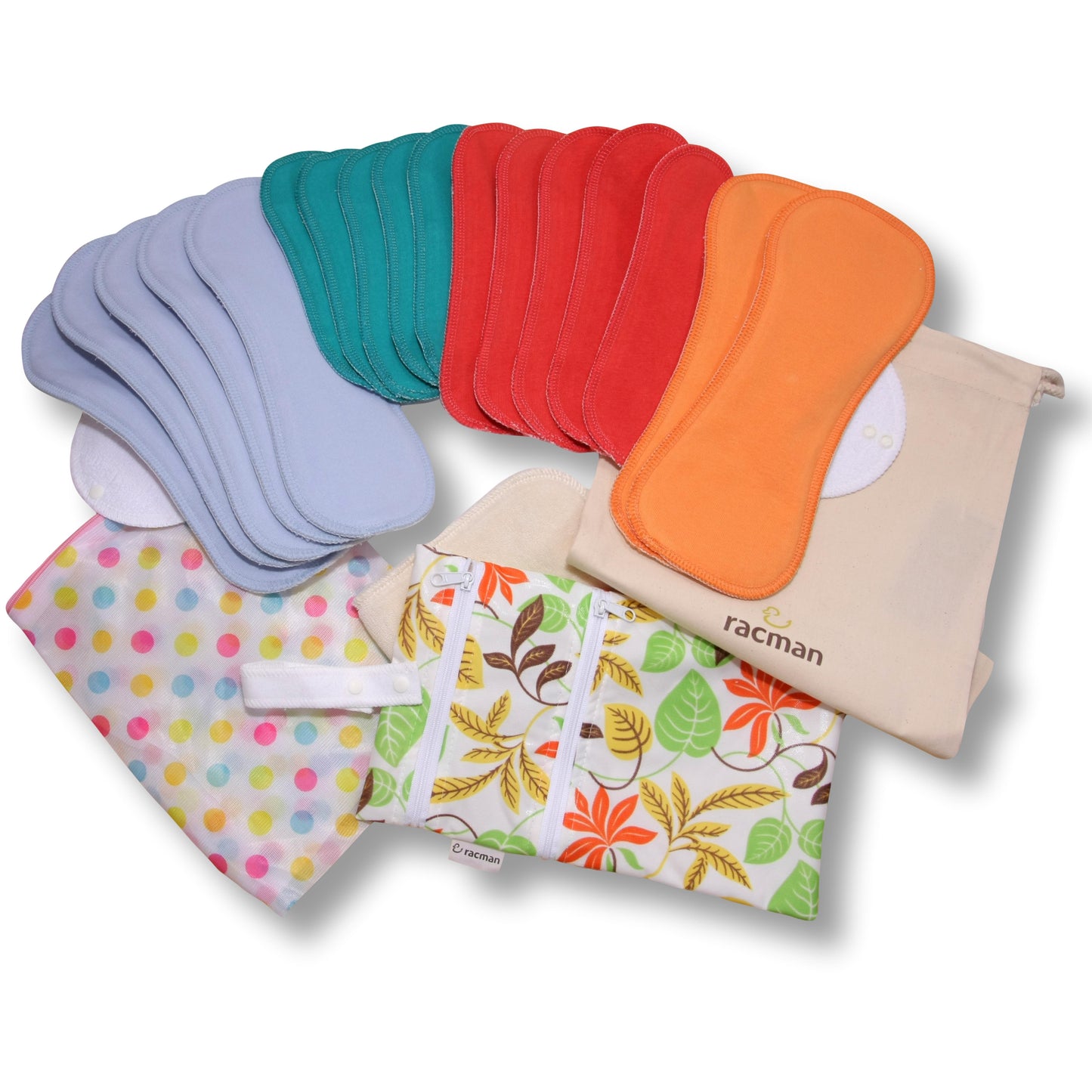 Racman Reusable Cloth Menstrual Pads for Period with Wings; Washable Sanitary Towels for Women, Girls and Teens, Organic Cotton or Bamboo Feminine Liners MADE IN EU; for light and heavy flow, incontinence; also proudly manufactured under other trusted brand names like Natissy
