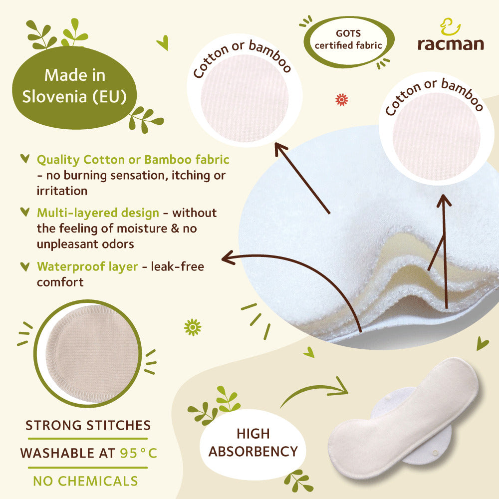 Racman Reusable Cloth Menstrual Pads for Period with Wings; Washable Sanitary Towels for Women, Girls and Teens, Organic Cotton or Bamboo Feminine Liners MADE IN EU; for light and heavy flow, incontinence; also proudly manufactured under other trusted brand names like Natissy