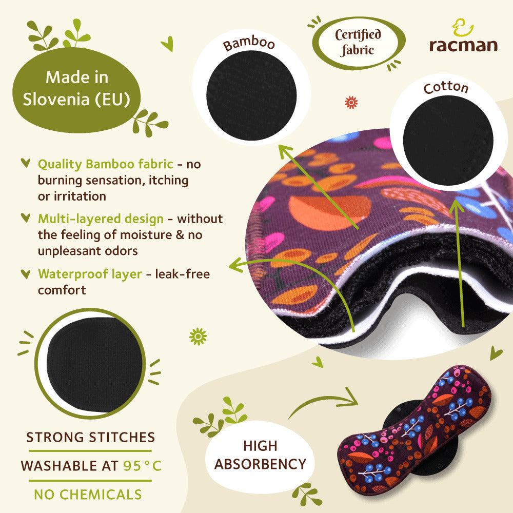 Racman Reusable Cloth Menstrual Pads for Period with Wings; Washable Sanitary Towels for Women, Girls and Teens, Organic Cotton or Bamboo Feminine Liners MADE IN EU; for light and heavy flow, incontinence; also proudly manufactured under other trusted brand names like Natissy