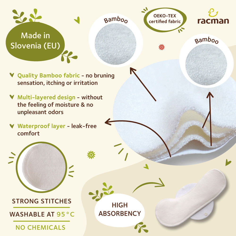 Racman Reusable Cloth Menstrual Pads for Period with Wings; Washable Sanitary Towels for Women, Girls and Teens, Organic Cotton or Bamboo Feminine Liners MADE IN EU; for light and heavy flow, incontinence; also proudly manufactured under other trusted brand names like Natissy