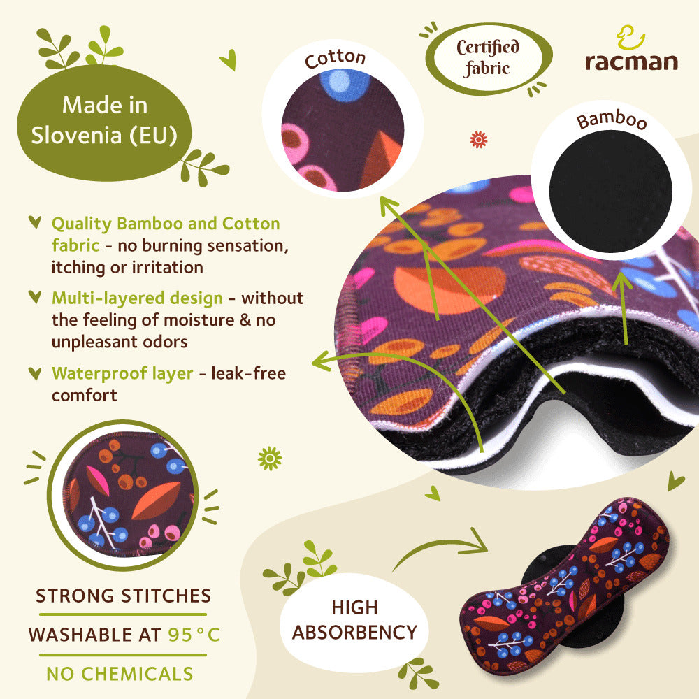 Racman Reusable Cloth Menstrual Pads for Period with Wings; Washable Sanitary Towels for Women, Girls and Teens, Organic Cotton or Bamboo Feminine Liners MADE IN EU; for light and heavy flow, incontinence; also proudly manufactured under other trusted brand names like Natissy