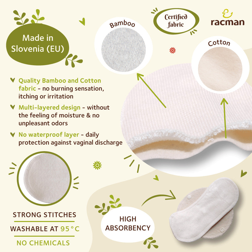 Racman Reusable Cloth Panty Liners with Wings; Thin Washable Daily Pads for Women, Girls and Teens, Organic Cotton or Bamboo Feminine Liners for Normal Vaginal Discharge MADE IN EU; NOT for Menstrual Period; also proudly manufactured under other trusted brand names like Natissy
