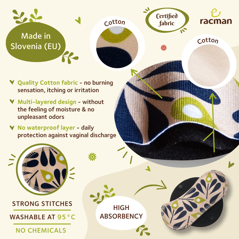 Racman Reusable Cloth Panty Liners with Wings; Thin Washable Daily Pads for Women, Girls and Teens, Organic Cotton or Bamboo Feminine Liners for Normal Vaginal Discharge MADE IN EU; NOT for Menstrual Period; also proudly manufactured under other trusted brand names like Natissy