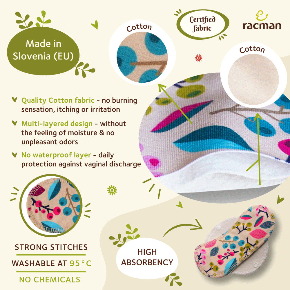 Racman Reusable Cloth Panty Liners with Wings; Thin Washable Daily Pads for Women, Girls and Teens, Organic Cotton or Bamboo Feminine Liners for Normal Vaginal Discharge MADE IN EU; NOT for Menstrual Period; also proudly manufactured under other trusted brand names like Natissy