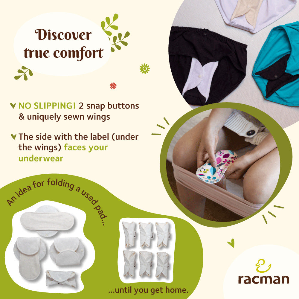 Reusable Cloth Menstrual Pads for Period with Wings; Washable Sanitary Towels for Women, Girls and Teens, Organic Cotton or Bamboo Feminine Liners MADE IN EU; for light and heavy flow, incontinence