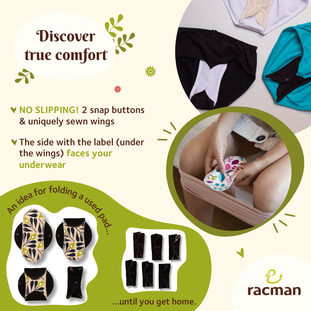 Reusable Cloth Menstrual Pads for Period with Wings; Washable Sanitary Towels for Women, Girls and Teens, Organic Cotton or Bamboo Feminine Liners MADE IN EU; for light and heavy flow, incontinence