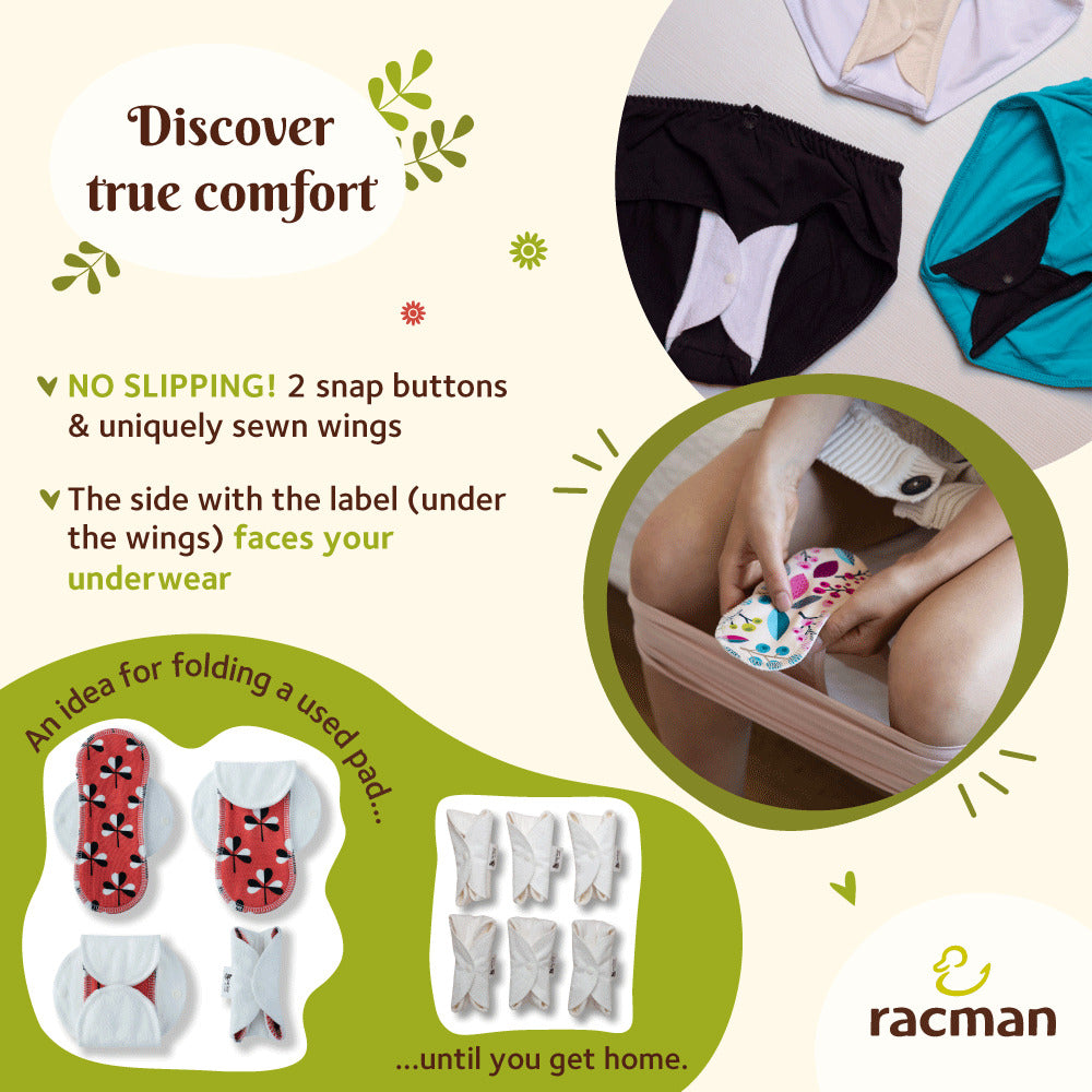 Reusable Cloth Menstrual Pads for Period with Wings; Washable Sanitary Towels for Women, Girls and Teens, Organic Cotton or Bamboo Feminine Liners MADE IN EU; for light and heavy flow, incontinence