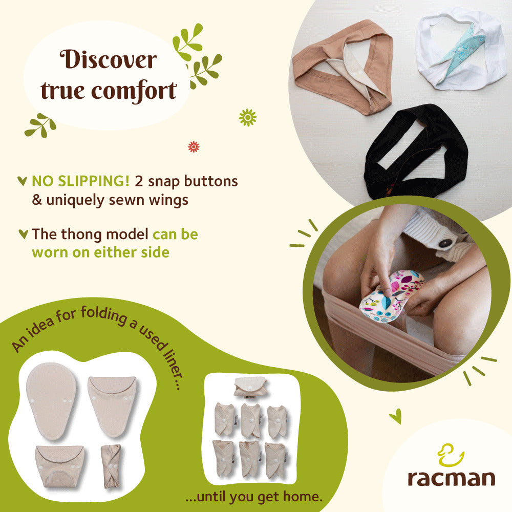 Reusable Tanga Cloth Panty Liners with Wings for Normal or Heavy Feminine Discharge; Organic Cotton or Bamboo Washable Daily Thong Pads for Women, Girls and Teens, MADE IN EU; NOT for Menstrual Period