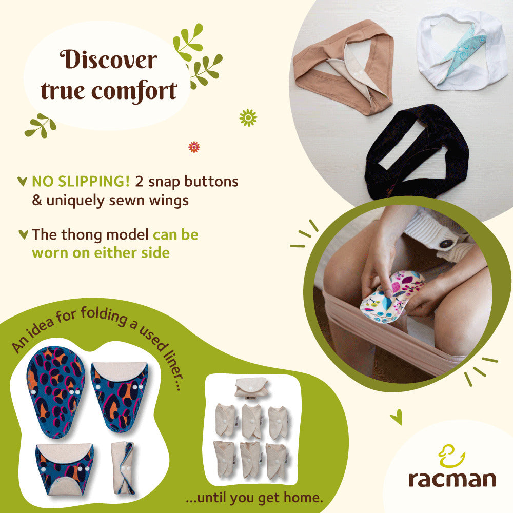 Reusable Tanga Cloth Panty Liners with Wings for Normal or Heavy Feminine Discharge; Organic Cotton or Bamboo Washable Daily Thong Pads for Women, Girls and Teens, MADE IN EU; NOT for Menstrual Period