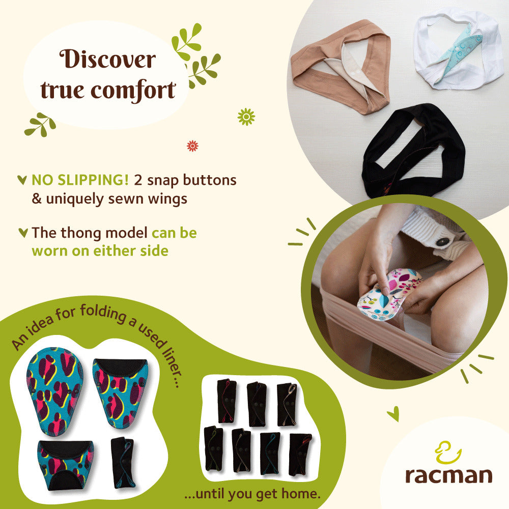 Reusable Tanga Cloth Panty Liners with Wings for Normal or Heavy Feminine Discharge; Organic Cotton or Bamboo Washable Daily Thong Pads for Women, Girls and Teens, MADE IN EU; NOT for Menstrual Period