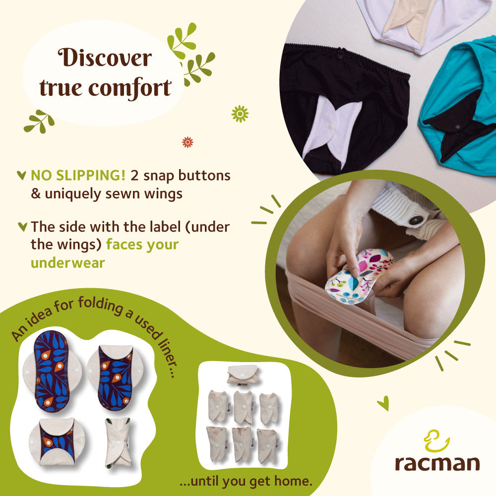 Reusable Cloth Panty Liners with Wings; Thin Washable Daily Pads for Women, Girls and Teens, Organic Cotton or Bamboo Feminine Liners for Normal Vaginal Discharge MADE IN EU; NOT for Menstrual Period