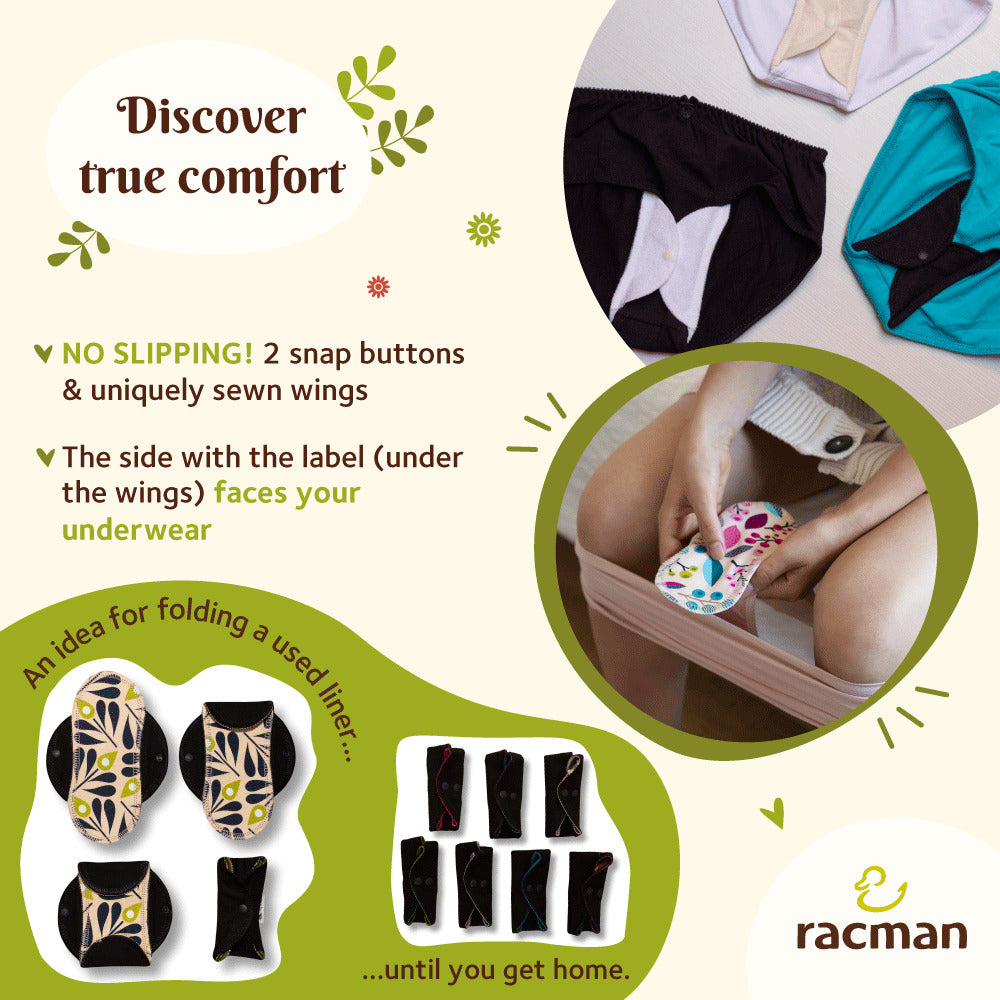 Reusable Cloth Panty Liners with Wings; Thin Washable Daily Pads for Women, Girls and Teens, Organic Cotton or Bamboo Feminine Liners for Normal Vaginal Discharge MADE IN EU; NOT for Menstrual Period