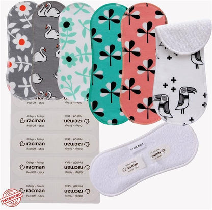 Wingless Reusable Cloth Menstrual Pads for Period with Adhesive Stickers; Wingless Washable Sanitary Towels for Women, Girls and Teens, Organic Cotton or Bamboo Feminine Liners MADE IN EU; for light and heavy flow, incontinence