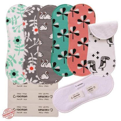 Wingless Reusable Cloth Menstrual Pads for Period with Adhesive Stickers; Wingless Washable Sanitary Towels for Women, Girls and Teens, Organic Cotton or Bamboo Feminine Liners MADE IN EU; for light and heavy flow, incontinence