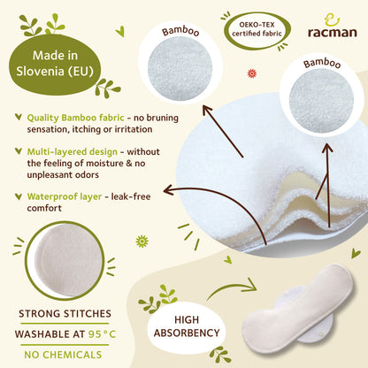 Racman Reusable Cloth Menstrual Pads for Period with Wings; Washable Sanitary Towels for Women, Girls and Teens, Organic Cotton or Bamboo Feminine Liners MADE IN EU; for light and heavy flow, incontinence; also proudly manufactured under other trusted brand names like Natissy