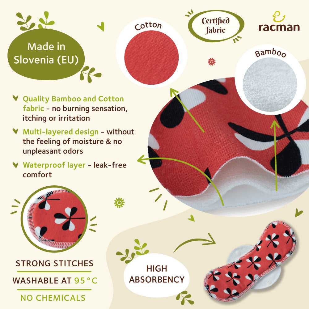Racman Reusable Cloth Menstrual Pads for Period with Wings; Washable Sanitary Towels for Women, Girls and Teens, Organic Cotton or Bamboo Feminine Liners MADE IN EU; for light and heavy flow, incontinence; also proudly manufactured under other trusted brand names like Natissy