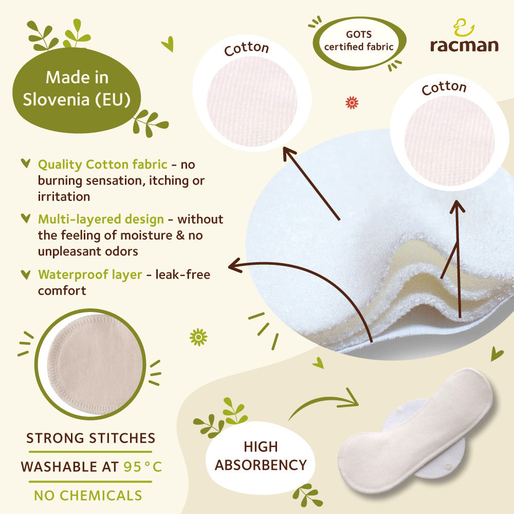 Racman Reusable Cloth Menstrual Pads for Period with Wings; Washable Sanitary Towels for Women, Girls and Teens, Organic Cotton or Bamboo Feminine Liners MADE IN EU; for light and heavy flow, incontinence; also proudly manufactured under other trusted brand names like Natissy