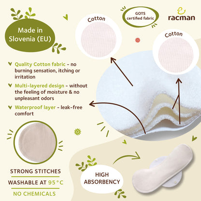Racman Reusable Cloth Menstrual Pads for Period with Wings; Washable Sanitary Towels for Women, Girls and Teens, Organic Cotton or Bamboo Feminine Liners MADE IN EU; for light and heavy flow, incontinence; also proudly manufactured under other trusted brand names like Natissy