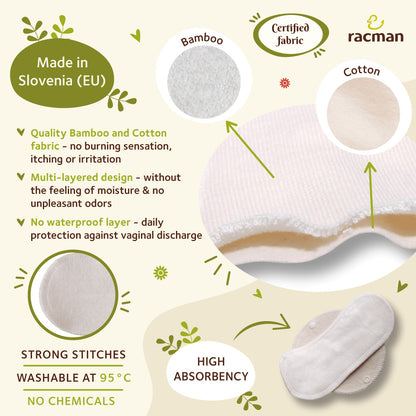 Racman Reusable Cloth Panty Liners with Wings; Thin Washable Daily Pads for Women, Girls and Teens, Organic Cotton or Bamboo Feminine Liners for Normal Vaginal Discharge MADE IN EU; NOT for Menstrual Period; also proudly manufactured under other trusted brand names like Natissy