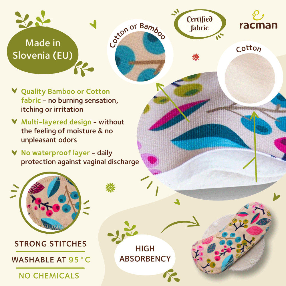 Racman Reusable Cloth Panty Liners with Wings; Thin Washable Daily Pads for Women, Girls and Teens, Organic Cotton or Bamboo Feminine Liners for Normal Vaginal Discharge MADE IN EU; NOT for Menstrual Period; also proudly manufactured under other trusted brand names like Natissy