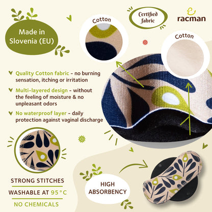 Racman Reusable Cloth Panty Liners with Wings; Thin Washable Daily Pads for Women, Girls and Teens, Organic Cotton or Bamboo Feminine Liners for Normal Vaginal Discharge MADE IN EU; NOT for Menstrual Period; also proudly manufactured under other trusted brand names like Natissy