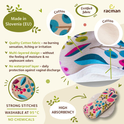 Racman Reusable Cloth Panty Liners with Wings; Thin Washable Daily Pads for Women, Girls and Teens, Organic Cotton or Bamboo Feminine Liners for Normal Vaginal Discharge MADE IN EU; NOT for Menstrual Period; also proudly manufactured under other trusted brand names like Natissy
