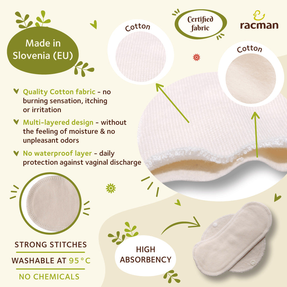 Reusable Cloth Panty Liners with Wings; Thin Washable Daily Pads for Women, Girls and Teens, Organic Cotton or Bamboo Feminine Liners for Normal Vaginal Discharge MADE IN EU; NOT for Menstrual Period; also proudly manufactured under other trusted brand names like Natissy