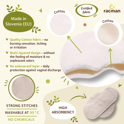 Reusable Cloth Panty Liners with Wings; Thin Washable Daily Pads for Women, Girls and Teens, Organic Cotton or Bamboo Feminine Liners for Normal Vaginal Discharge MADE IN EU; NOT for Menstrual Period; also proudly manufactured under other trusted brand names like Natissy