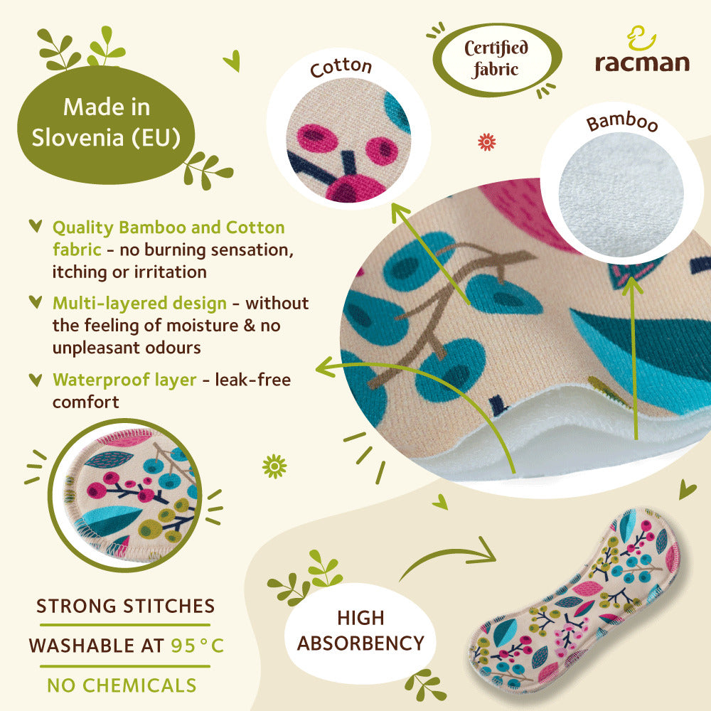 Wingless Reusable Cloth Menstrual Pads for Period with Adhesive Stickers; Wingless Washable Sanitary Towels for Women, Girls and Teens, Organic Cotton or Bamboo Feminine Liners MADE IN EU; for light and heavy flow, incontinence