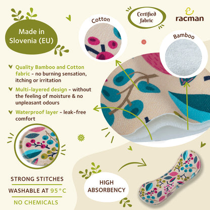 Wingless Reusable Cloth Menstrual Pads for Period with Adhesive Stickers; Wingless Washable Sanitary Towels for Women, Girls and Teens, Organic Cotton or Bamboo Feminine Liners MADE IN EU; for light and heavy flow, incontinence