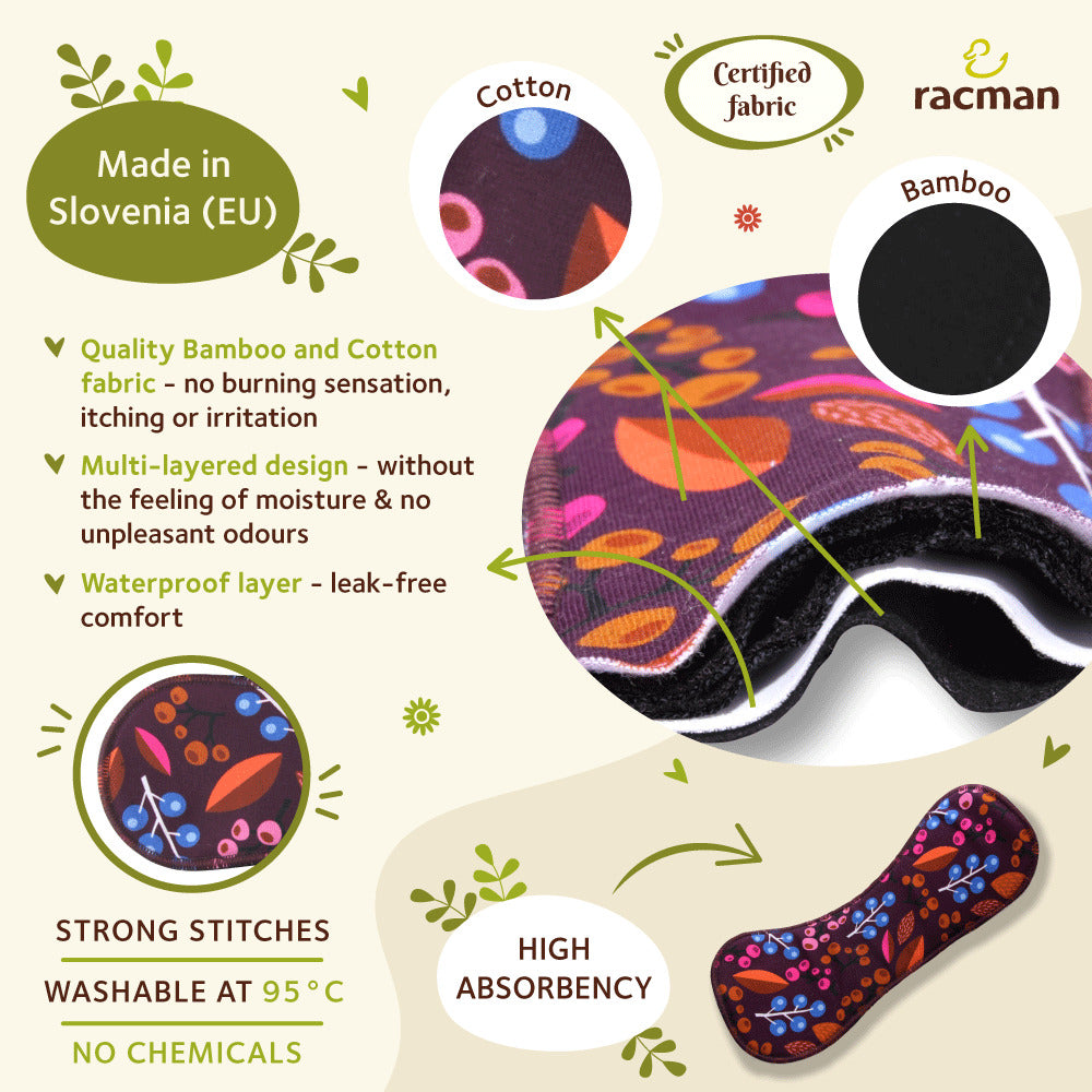 Wingless Reusable Cloth Menstrual Pads for Period with Adhesive Stickers; Wingless Washable Sanitary Towels for Women, Girls and Teens, Organic Cotton or Bamboo Feminine Liners MADE IN EU; for light and heavy flow, incontinence