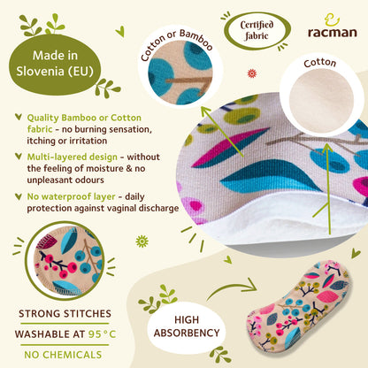 Wingless Reusable Cloth Panty Liners with Adhesive Stickers; Wingless Thin Washable Daily Pads for Women, Girls and Teens, Organic Cotton or Bamboo Feminine Liners for Normal Vaginal Discharge MADE IN EU; NOT for Menstrual Period