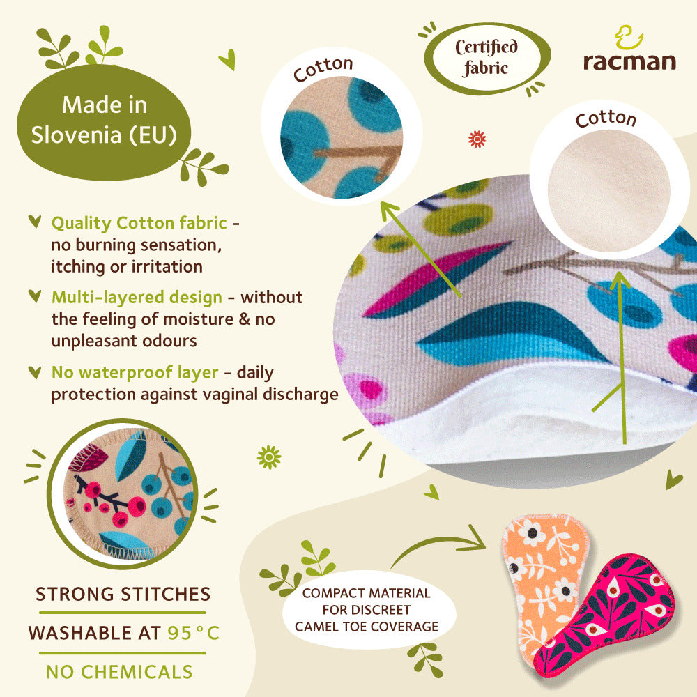 Wingless Camel Toe Reusable Cloth Panty Liners with Adhesive Stickers; Wingless Thin Washable Camel Toe Daily Pads for Women, Girls and Teens, Organic Cotton or Bamboo Feminine Liners for Normal Vaginal Discharge MADE IN EU; NOT for Menstrual Period