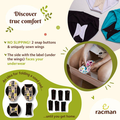 Reusable Cloth Menstrual Pads for Period with Wings; Washable Sanitary Towels for Women, Girls and Teens, Organic Cotton or Bamboo Feminine Liners MADE IN EU; for light and heavy flow, incontinence