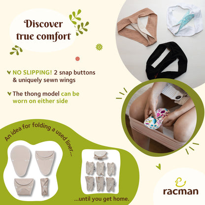 Reusable Tanga Cloth Panty Liners with Wings for Normal or Heavy Feminine Discharge; Organic Cotton or Bamboo Washable Daily Thong Pads for Women, Girls and Teens, MADE IN EU; NOT for Menstrual Period