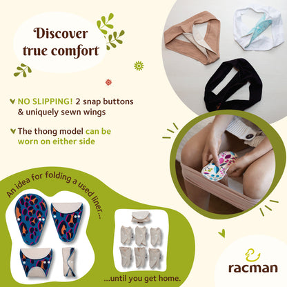 Reusable Tanga Cloth Panty Liners with Wings for Normal or Heavy Feminine Discharge; Organic Cotton or Bamboo Washable Daily Thong Pads for Women, Girls and Teens, MADE IN EU; NOT for Menstrual Period