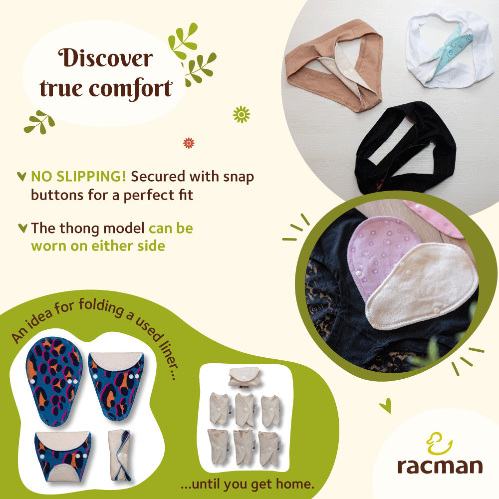 Reusable Tanga Cloth Panty Liners with Wings for Normal or Heavy Feminine Discharge; Organic Cotton or Bamboo Washable Daily Thong Pads for Women, Girls and Teens, MADE IN EU; NOT for Menstrual Period