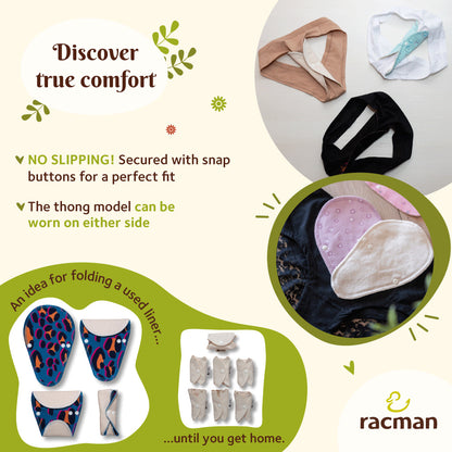 Reusable Tanga Cloth Panty Liners with Wings for Normal or Heavy Feminine Discharge; Organic Cotton or Bamboo Washable Daily Thong Pads for Women, Girls and Teens, MADE IN EU; NOT for Menstrual Period