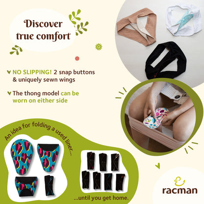 Reusable Tanga Cloth Panty Liners with Wings for Normal or Heavy Feminine Discharge; Organic Cotton or Bamboo Washable Daily Thong Pads for Women, Girls and Teens, MADE IN EU; NOT for Menstrual Period
