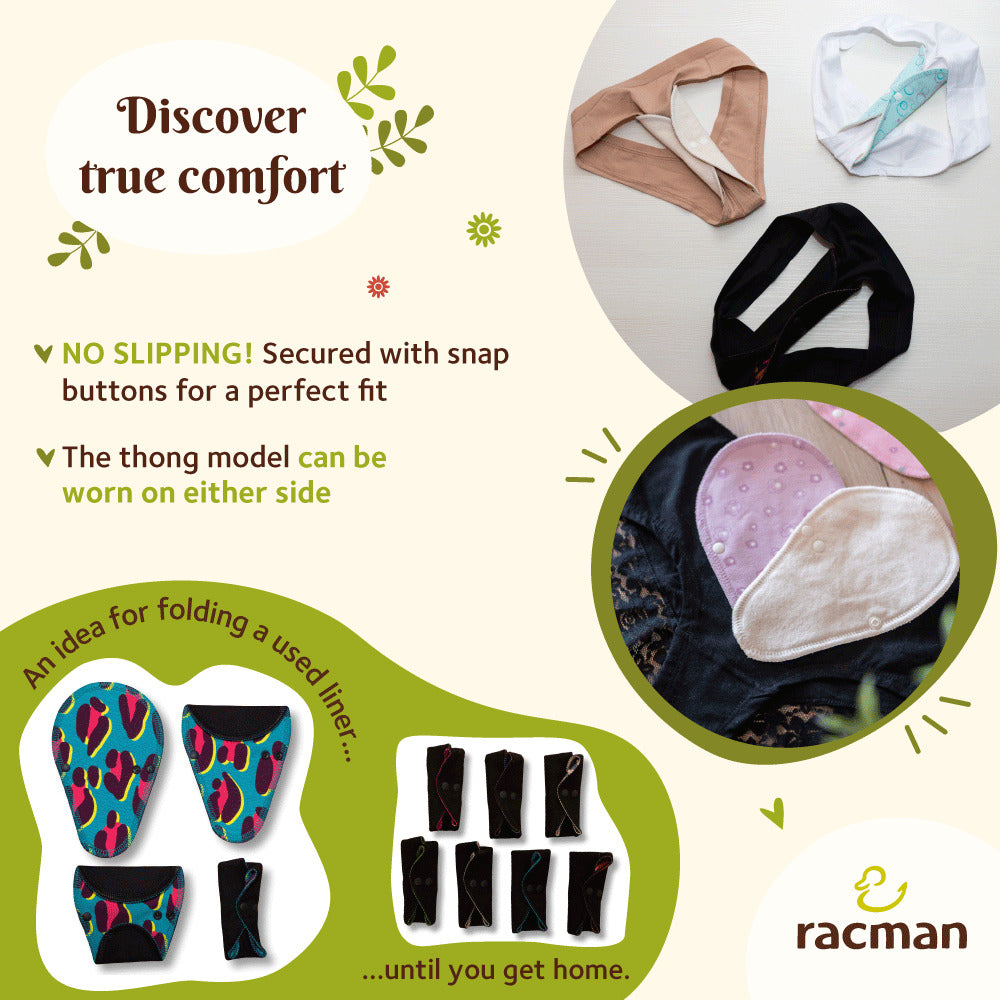 Reusable Tanga Cloth Panty Liners with Wings for Normal or Heavy Feminine Discharge; Organic Cotton or Bamboo Washable Daily Thong Pads for Women, Girls and Teens, MADE IN EU; NOT for Menstrual Period