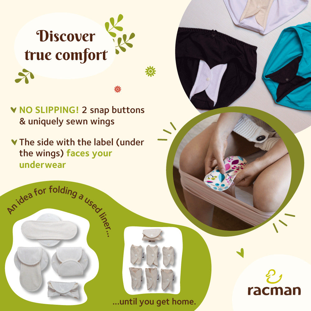Reusable Cloth Panty Liners with Wings; Thin Washable Daily Pads for Women, Girls and Teens, Organic Cotton or Bamboo Feminine Liners for Normal Vaginal Discharge MADE IN EU; NOT for Menstrual Period