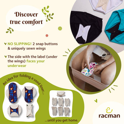 Reusable Cloth Panty Liners with Wings; Thin Washable Daily Pads for Women, Girls and Teens, Organic Cotton or Bamboo Feminine Liners for Normal Vaginal Discharge MADE IN EU; NOT for Menstrual Period