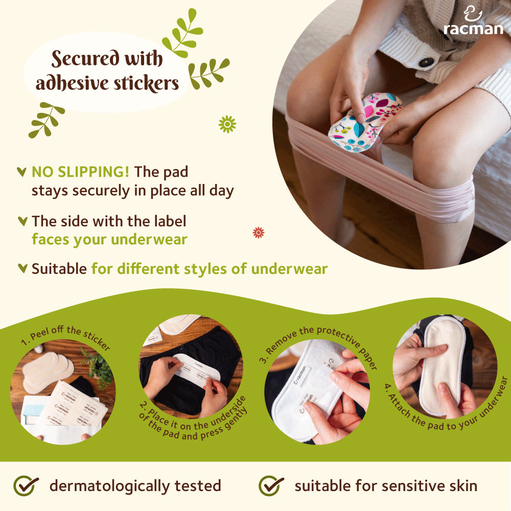 Wingless Reusable Cloth Menstrual Pads for Period with Adhesive Stickers; Wingless Washable Sanitary Towels for Women, Girls and Teens, Organic Cotton or Bamboo Feminine Liners MADE IN EU; for light and heavy flow, incontinence