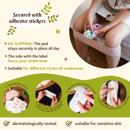 Wingless Reusable Cloth Menstrual Pads for Period with Adhesive Stickers; Wingless Washable Sanitary Towels for Women, Girls and Teens, Organic Cotton or Bamboo Feminine Liners MADE IN EU; for light and heavy flow, incontinence
