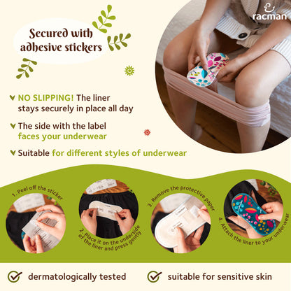 Wingless Reusable Cloth Panty Liners with Adhesive Stickers; Wingless Thin Washable Daily Pads for Women, Girls and Teens, Organic Cotton or Bamboo Feminine Liners for Normal Vaginal Discharge MADE IN EU; NOT for Menstrual Period