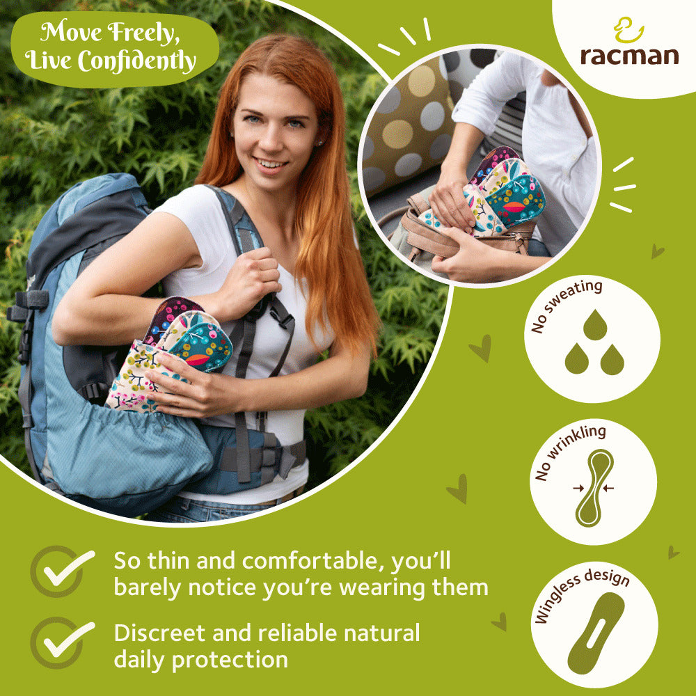 Wingless Reusable Cloth Panty Liners with Adhesive Stickers; Wingless Thin Washable Daily Pads for Women, Girls and Teens, Organic Cotton or Bamboo Feminine Liners for Normal Vaginal Discharge MADE IN EU; NOT for Menstrual Period