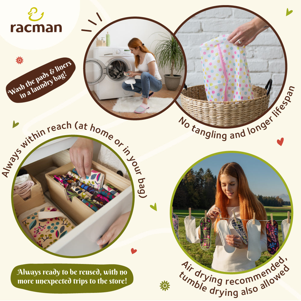 Wingless Reusable Cloth Menstrual Pads for Period with Adhesive Stickers; Wingless Washable Sanitary Towels for Women, Girls and Teens, Organic Cotton or Bamboo Feminine Liners MADE IN EU; for light and heavy flow, incontinence