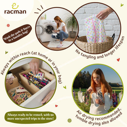 Wingless Reusable Cloth Menstrual Pads for Period with Adhesive Stickers; Wingless Washable Sanitary Towels for Women, Girls and Teens, Organic Cotton or Bamboo Feminine Liners MADE IN EU; for light and heavy flow, incontinence